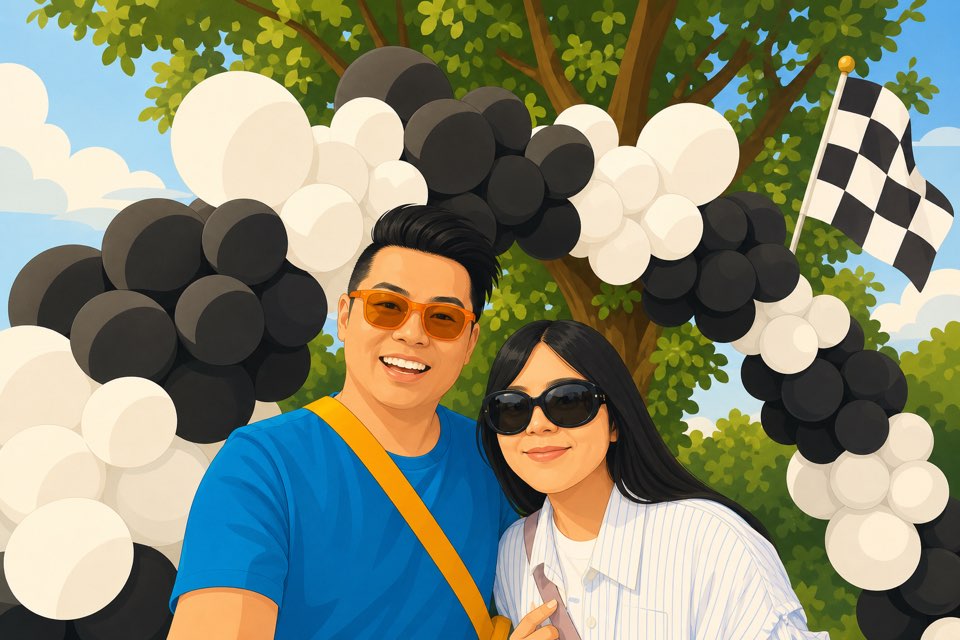Illustrated portrait of Hubert and Carol in sunglasses in front of a black and white balloon arch